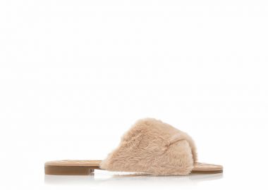 Παντόφλες nude γούνινες με χιαστί σχέδιο στη φάσα και δερματίνη καπιτονέ πάτο NUDE - Tsoukalas - 