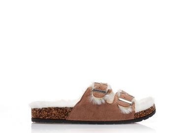 Παντόφλες πούρο σουέτ με γούνα και διπλή ρυθμιζόμενη φάσα ΠΟΥΡΟ - Tsoukalas - 