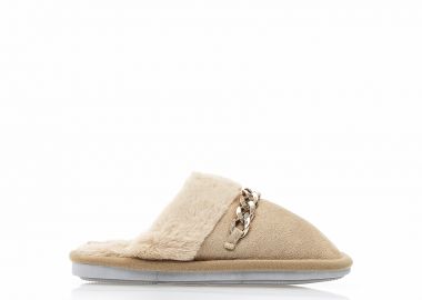 Παντόφλες πούρο σουέτ με γουνάκι και διακοσμητική αλυσίδα ΠΟΥΡΟ - Tsoukalas - 