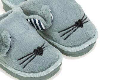 Παντόφλες πράσινες σουέτ με σχέδιο γατάκι ΠΡΑΣΙΝΟ - Tsoukalas - 