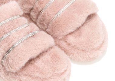 Παντόφλες ροζ γούνινες με στρας και λάστιχο ΡΟΖ - Tsoukalas - 