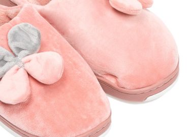 Παντόφλες ροζ σουέτ με γούνα σχέδιο λουλούδι ΡΟΖ - Tsoukalas - 