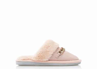 Παντόφλες ροζ σουέτ με γουνάκι και διακοσμητική αλυσίδα ΡΟΖ - Tsoukalas - 