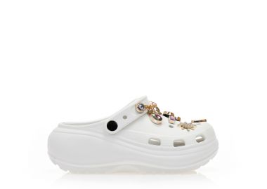 Παντόφλες σαμπό λευκές λάστιχο με χρυσά διακοσμητικά και αλυσίδα ΛΕΥΚΟ - Tsoukalas - 