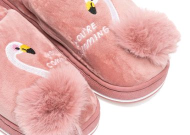 Παντόφλες σάπιο μήλο σουέτ με γούνα σχέδιο Flamingo ΣΑΠΙΟ ΜΗΛΟ - Tsoukalas - 