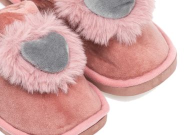 Παντόφλες σάπιο μήλο σουέτ με γούνα σχέδιο γκρι καρδιά ΣΑΠΙΟ ΜΗΛΟ - Tsoukalas - 