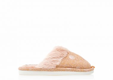 Παντόφλες σομόν υφασμάτινες με ιριδίζον σχέδιο και γουνάκι ΣΟΜΟΝ - Tsoukalas - 