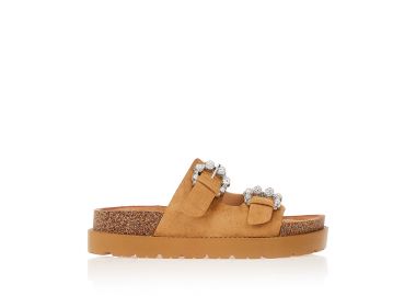 Παντόφλες σουέτ κάμελ με αγκράφες και στρας ΚΑΜΕΛ - Tsoukalas - 