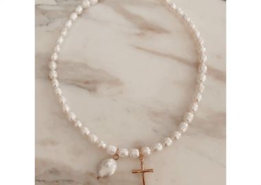 PEARL & CROSS NECKLACE - sense-shop - 