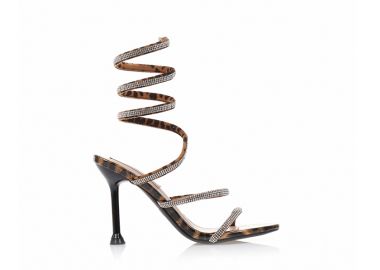 Πέδιλα animal print λουστρίνι δετά με στρας και λεπτό τακούνι ΛΕΟΠΑΡ - Tsoukalas - 