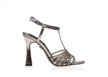 Πέδιλα ανθρακί δερματίνη με πολλαπλά διαφανή λουράκια και στρας ΓΚΡΙ - Tsoukalas - 