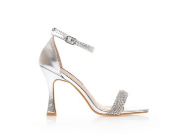 Πέδιλα ασημί δερματίνη με φάσα από στρας και ιδιαίτερο τακούνι ΑΣΗΜΙ - Tsoukalas - 
