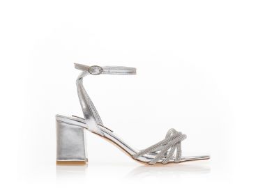 Πέδιλα ασημί δερματίνη με φάσα από στρας και λουράκι στον αστράγαλο ΑΣΗΜΙ - Tsoukalas - 