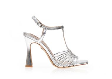 Πέδιλα ασημί δερματίνη με πολλαπλά διαφανή λουράκια και στρας ΑΣΗΜΙ - Tsoukalas - 