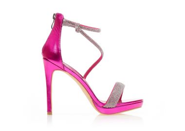 Πεδιλα φούξια μεταλλιζέ δερματίνη με φάσα και λοξό λουράκι από στρας ΦΟΥΞΙΑ - Tsoukalas - 
