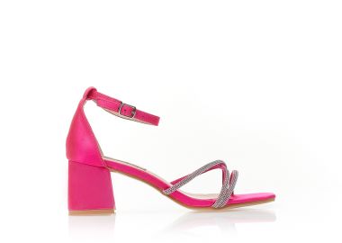 Πέδιλα φούξια σατέν με λουράκια από στρας και τετράγωνο τελείωμα ΦΟΥΞΙΑ - Tsoukalas - 