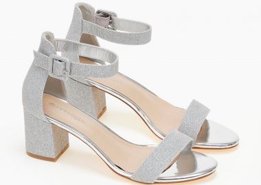 Πέδιλα glitter με φτέρνα και χοντρό τακούνι - Ασημί - Issue - 
