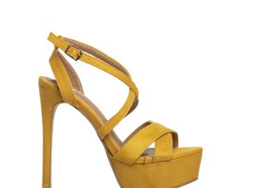 Πέδιλα κίτρινα σουέτ χιαστί με λεπτό τακούνι ΚΙΤΡΙΝΟ - Tsoukalas - 