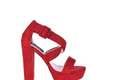 Πέδιλα κόκκινα σουέτ χιαστί με χοντρό τακούνι ΚΟΚΚΙΝΟ - Tsoukalas - 