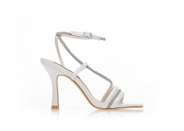 Πέδιλα λευκά δερματίνη με λεπτά λουράκια στη φάσα και λοξό λουράκι από στρας ΛΕΥΚΟ - Tsoukalas - 