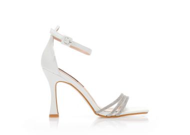 Πέδιλα λευκά δερματίνη με λουράκια στη φάσα από στρας και ιδιαίτερο τακούνι ΛΕΥΚΟ - Tsoukalas - 