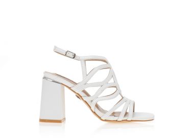 Πέδιλα λευκά δερματίνη με σχέδιο από πολλαπλά λουράκια και μεταλλική λεπτομέρεια στο τακούνι ΛΕΥΚΟ - Tsoukalas - 