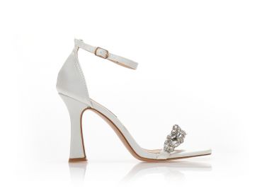 Πέδιλα λευκά σατέν με φάσα από στρας και ιδαίτερο τακούνι ΛΕΥΚΟ - Tsoukalas - 