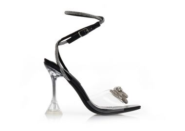 Πέδιλα μαύρα δερματίνη με διακοσμητικό φιόγκο από στρας και ιδιαίτερο τακούνι ΜΑΥΡΟ - Tsoukalas - 