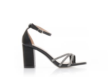 Πέδιλα μαύρα δερματίνη με φάσα από λοξά λουράκια με στρας ΜΑΥΡΟ - Tsoukalas - 