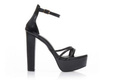 Πέδιλα μαύρα δερματίνη με φάσα από στρας και φιάπα ΜΑΥΡΟ - Tsoukalas - 