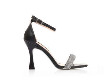 Πέδιλα μαύρα δερματίνη με φάσα από στρας και ιδιαίτερο τακούνι ΜΑΥΡΟ - Tsoukalas - 