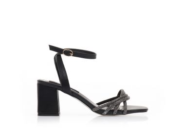 Πέδιλα μαύρα δερματίνη με φάσα από στρας και λουράκι στον αστράγαλο ΜΑΥΡΟ - Tsoukalas - 