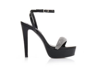 Πέδιλα μαύρα δερματίνη με φάσα από στρας και λουράκι στον αστράγαλο ΜΑΥΡΟ - Tsoukalas - 