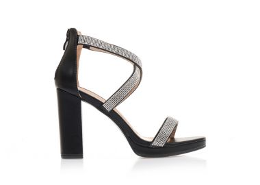 Πέδιλα μαύρα δερματίνη με φάσα και χιαστί λουράκια από στρας ΜΑΥΡΟ - Tsoukalas - 