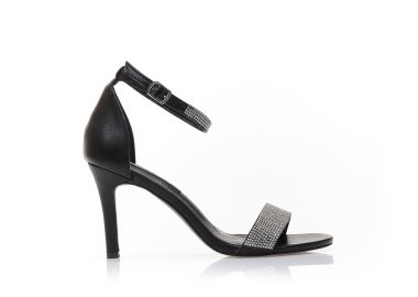 Πέδιλα μαύρα δερματίνη με φάσα και λουράκι στον αστράγαλο από στρας ΜΑΥΡΟ - Tsoukalas - 