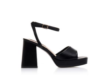Πέδιλα μαύρα δερματίνη με φιάπα και χοντρό τακούνι ΜΑΥΡΟ - Tsoukalas - 