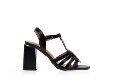 Πέδιλα μαύρα δερματίνη με ιδιαίτερη φάσα και μεταλλική λεπτομέρεια στο τακούνι ΜΑΥΡΟ - Tsoukalas - 