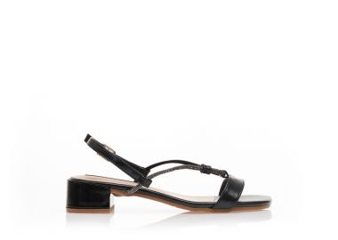 Πέδιλα μαύρα δερματίνη με ιδιαίτερο δέσιμο από λουράκια με στρας και λουστρίνι τακούνι ΜΑΥΡΟ - Tsoukalas - 