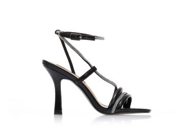 Πέδιλα μαύρα δερματίνη με λεπτά λουράκια στη φάσα και λοξό λουράκι από στρας ΜΑΥΡΟ - Tsoukalas - 