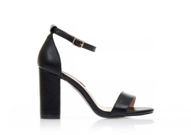 Πέδιλα μαύρα δερματίνη με λουράκι στον αστράγαλο και χοντρό τακούνι ΜΑΥΡΟ - Tsoukalas - 