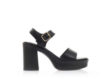 Πέδιλα μαύρα δερματίνη με λουράκι στον αστράγαλο και εφέ ξύλου στο τακούνι ΜΑΥΡΟ - Tsoukalas - 