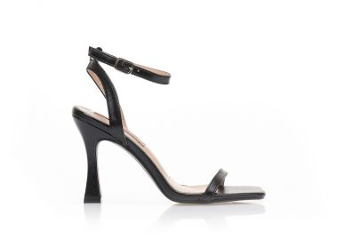 Πέδιλα μαύρα δερματίνη με λουράκι στον αστράγαλο και ιδιαίτερο τακούνι ΜΑΥΡΟ - Tsoukalas - 