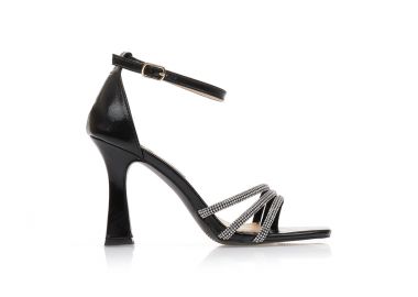 Πέδιλα μαύρα δερματίνη με λουράκια απο στρας και ιδιαίτερο τακούνι ΜΑΥΡΟ - Tsoukalas - 