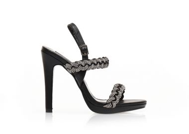 Πέδιλα μαύρα δερματίνη με λουράκια από στρας σε σχέδιο πλεξούδα ΜΑΥΡΟ - Tsoukalas - 