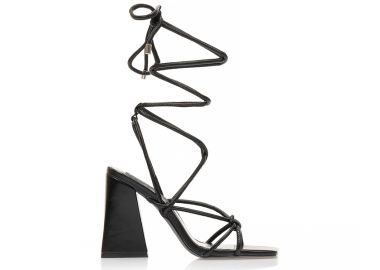 Πέδιλα μαύρα δερματίνη με λουράκια δετά και τριγωνικό χοντρό τακούνι ΜΑΥΡΟ - Tsoukalas - 