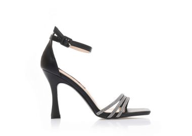 Πέδιλα μαύρα δερματίνη με λουράκια στη φάσα από στρας και ιδιαίτερο τακούνι ΜΑΥΡΟ - Tsoukalas - 