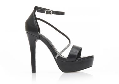 Πέδιλα μαύρα δερματίνη με λοξό λουράκι από στρας και φιάπα ΜΑΥΡΟ - Tsoukalas - 