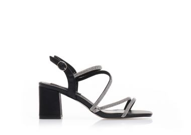 Πέδιλα μαύρα δερματίνη με πολλαπλά λουράκια από στρας ΜΑΥΡΟ - Tsoukalas - 