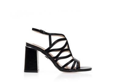 Πέδιλα μαύρα δερματίνη με σχέδιο από πολλαπλά λουράκια και μεταλλική λεπτομέρεια στο τακούνι ΜΑΥΡΟ - Tsoukalas - 