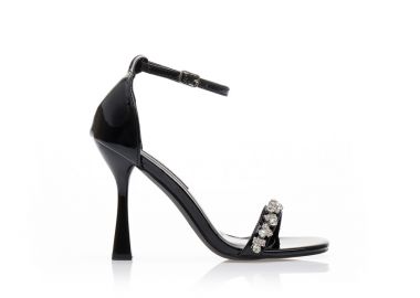 Πέδιλα μαύρα λουστρίνι με στρας στην φάσα και ιδιαίτερο τακούνι ΜΑΥΡΟ - Tsoukalas - 